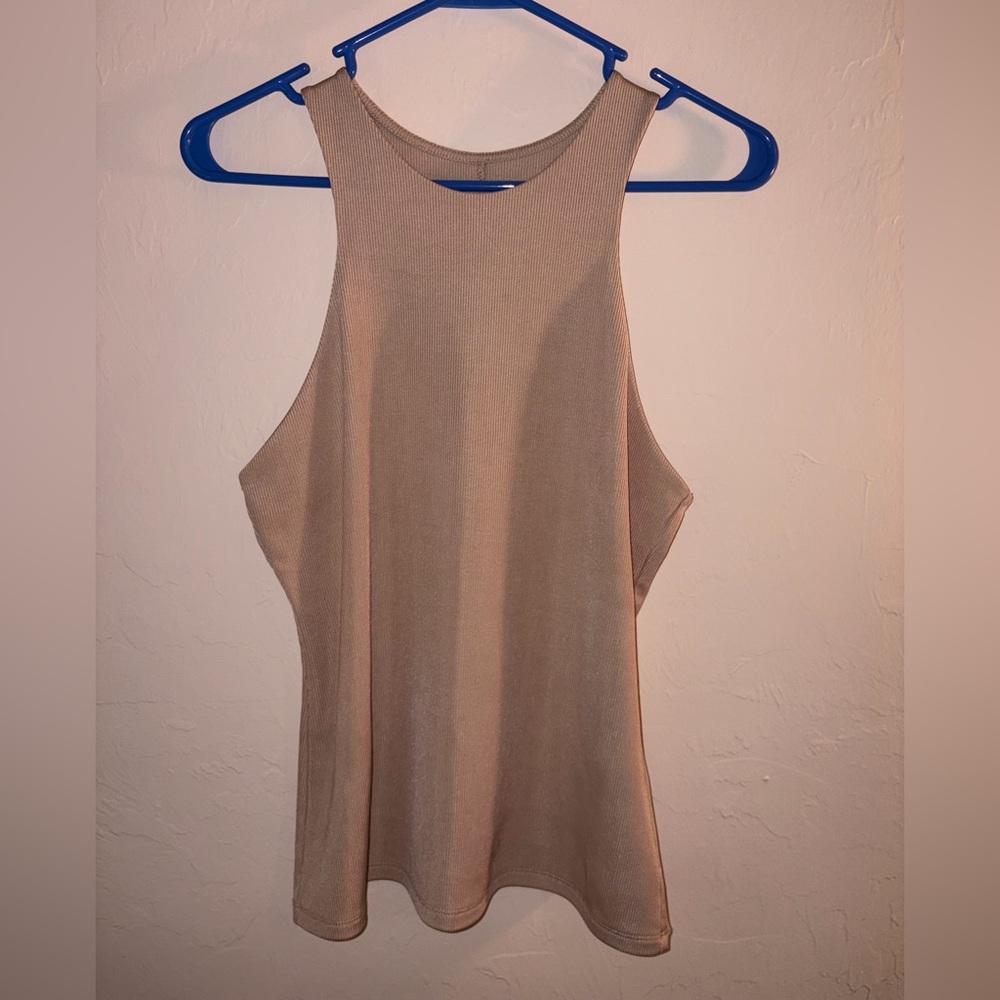 A New Day Beige Ribbed High Neck Tank Top